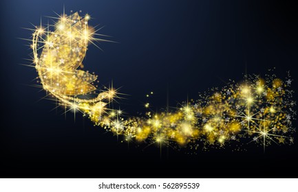 Golden sparkle jewelry butterfly insect flying with glittering stars pattern in advertisement promotion or seasonal holiday celebration isolated black background, create by vector