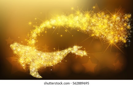 Golden sparkle jewelry whale or dolphin fish flying with glittering stars pattern in advertisement promotion or seasonal holiday celebration colorful background, create by vector
