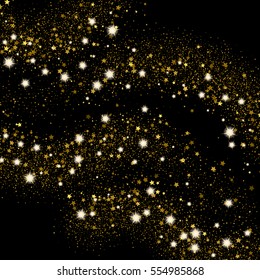 Golden sparkle light effect sand. Gold glittering star dust on black background. Magical sequin glowing space explosion of star dust. Tinsel sparkling particles. Vector luxury fashion illustration.