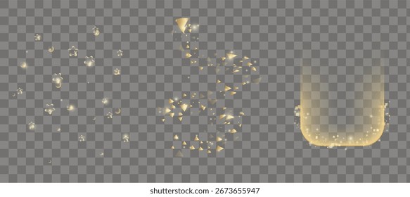 Efectos dorados de la luz de la chispa y polvo del brillo en fondo transparente