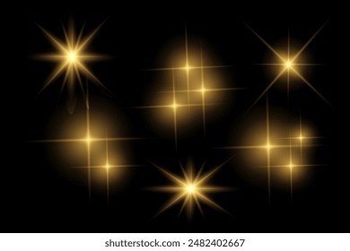 Golden sparkle  lights, flashing lights, light effects, sunlight lens flare, glowing ray beams, sparkling starsicon on black background.