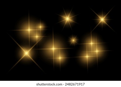 Luces brillantes doradas, luces intermitentes, efectos de luz, destellos de lentes de luz solar, rayos de rayos brillantes, estrellas brillantes sobre fondo negro.