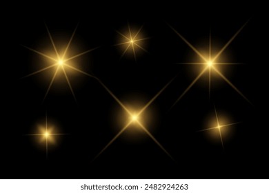 Luces brillantes doradas, luces intermitentes, efectos de luz, destellos de lentes de luz solar, rayos de rayos brillantes, estrellas brillantes sobre fondo negro.