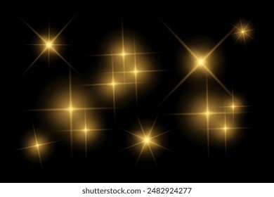 Golden sparkle  lights, flashing lights, light effects, sunlight lens flare, glowing ray beams, sparkling starsicon on black background.