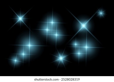 Golden sparkle  lights, flashing lights, light effects, sunlight lens flare, glowing ray beams, sparkling starsicon on black background.
