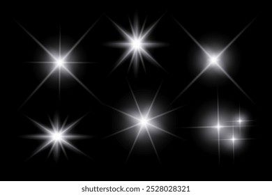 Golden sparkle  lights, flashing lights, light effects, sunlight lens flare, glowing ray beams, sparkling starsicon on black background.