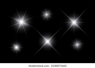Golden sparkle  lights, flashing lights, light effects, sunlight lens flare, glowing ray beams, sparkling starsicon on black background.