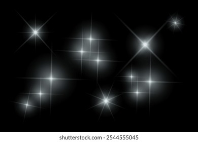 Golden sparkle  lights, flashing lights, light effects, sunlight lens flare, glowing ray beams, sparkling starsicon on black background.