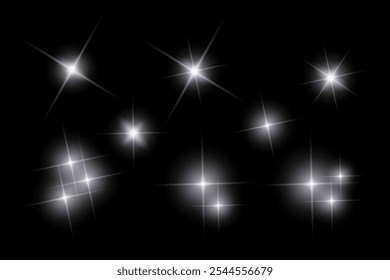 Golden sparkle  lights, flashing lights, light effects, sunlight lens flare, glowing ray beams, sparkling starsicon on black background.