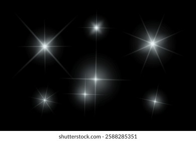Golden sparkle  lights, flashing lights, light effects, sunlight lens flare, glowing ray beams, sparkling starsicon on black background.