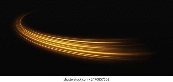 Golden sparkle lines on transparent background. Glitter trail effect. Luminous round wave with light effect.