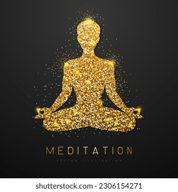 Golden sparkle meditating man silhouette on black background. Vector illustration