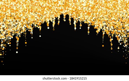 Golden Sparkle Modern Black Background. Art Splash Wallpaper. Yellow Circle Transparent Illustration. Rain Golden Banner.