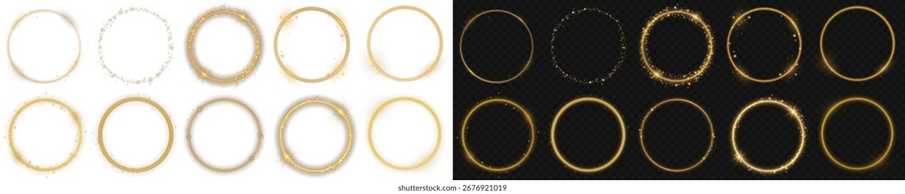Anel de brilho dourado. Quadro de círculo brilhante do vetor com poeira brilhante, aura de halo brilhante e partículas de luz brilhante. Borda brilhante dourada de luxo isolada em fundo transparente para uso de design.