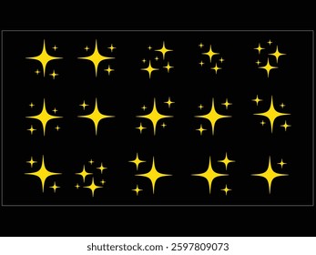 golden sparkle star in black background,  background,  shine or sparkle vector set, sparkle star icons, shine icon, star sparkle, shine, bright, glowing, star, shine, icons