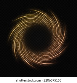 Golden sparkle swirl circle. Flare trail with glitter dust, color fairy dust. Abstract luminous ring.