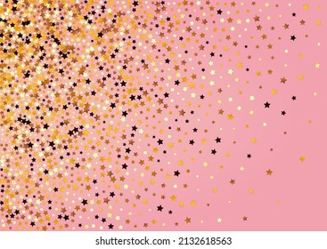 Golden Sparkle Vector Pink Background. Sparkling Xmas Confetti Border. Sky Decoration Wallpaper.  Shiny Elegant Starry Banner.