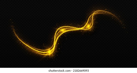 Golden sparkle wave twinkle. Magic light trail with glitter effect. Golden lines with light effect.