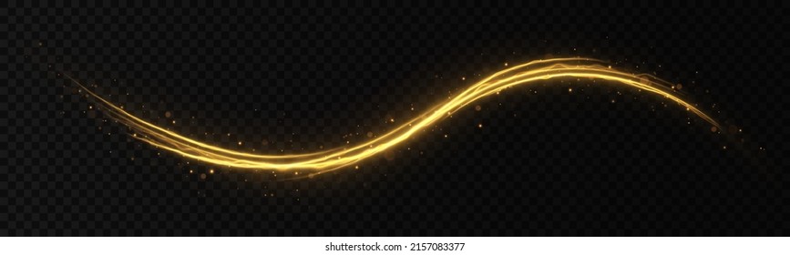 Golden sparkle waves with light effect. Shimmering magic dust particles. Glittering bright dust trail.