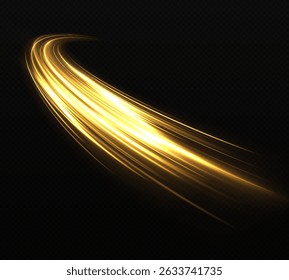 Golden sparkle waves with light effect isolated on transparent background. Shimmering magic dust particles. Glittering bright dust trail.