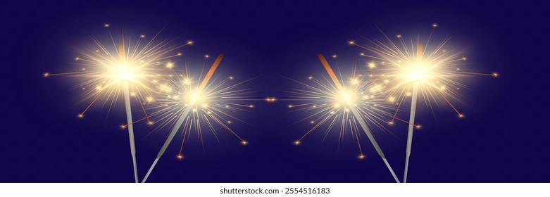 Golden sparklers on dark blue background, glowing brightly with radiant sparks, perfect for celebration, holiday, party, or festive themes.