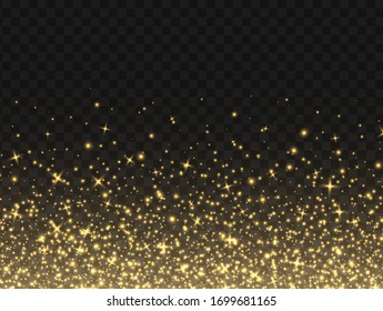 Golden sparkles, abstract luminous particles, yellow stardust isolated on a dark background. Flying Christmas glares and sparks. Luxury backdrop. Vector illustration.