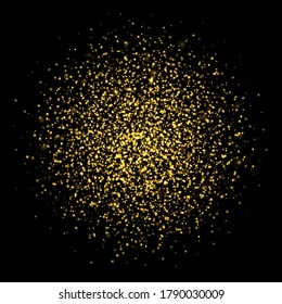 Golden sparkles, abstract luminous particles, yellow stardust explosion isolated on a dark background. Flying Christmas glares and sparks. Luxury backdrop. Vector illustration.