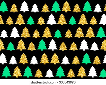 Golden sparkles Christmas trees background. Black texture with golden glitter. Winter holidays vector can be used for web design, Christmas surfaces, fashion, New Year textile and printed products.