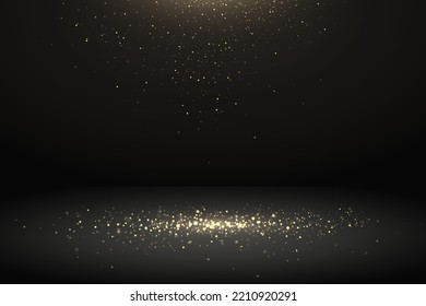 Golden sparkles falling on the floor. Celebration background with falling shiny particles. Luxury backdrop for your design or product presentation. Vector illustration