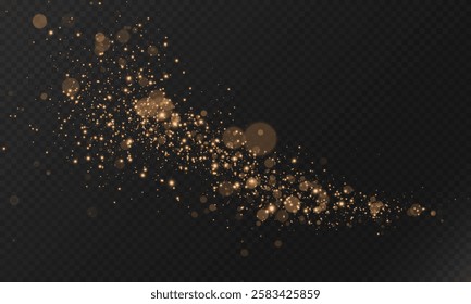 Golden sparkles fire bokeh display magical sparkling dust scattered on transparent background, vector graphics.