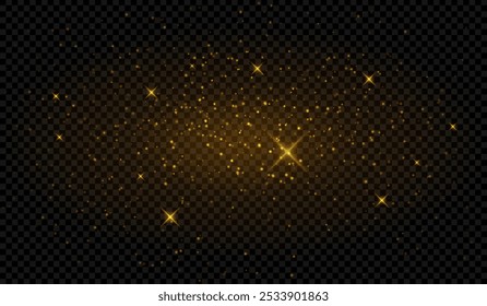 Golden sparkles. Glitter, shining particles, stars, festive glow, magic light, abstract, shimmer, glowing effect, celebration, transparent background, twinkle, bright, radiant.