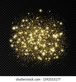 Golden sparkles glittering backdrop on a dark transparent background. Background with gold glitter effect. Empty space for your text.  Vector illustration
