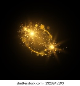 Golden sparkles. Glowing magic lights isolated on black background.