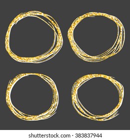 Golden sparkles pencil doodles. Golden frames. Round doodle frames set. Golden texture frames. Simple doodling frames set. Trendy vector illustration can be used for web design, printed products.