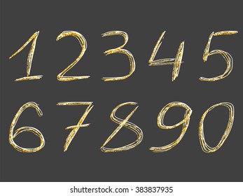 Golden sparkles pencil doodles. Golden numbers. Simple doodling set. Number one. Zero. Ten. Trendy vector illustration can be used for web design, printed products.