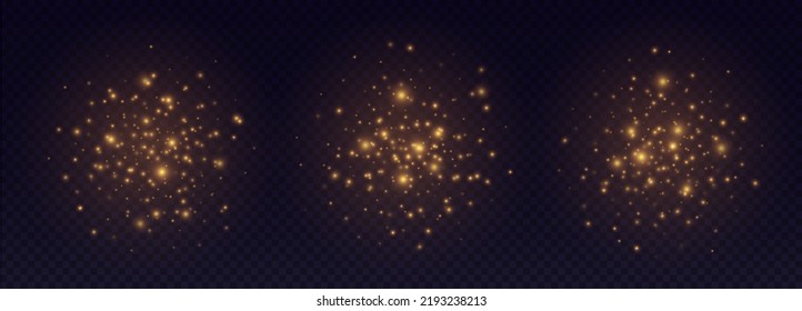 Golden sparkles, shiny particles light effect, bright glowing stars, cosmic starburst, fairy stardust isolated on black. Christmas decoration. Vector illustration.