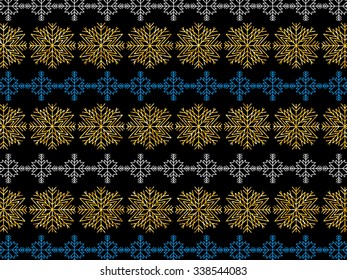 Golden sparkles snowflakes background. Black texture with golden snowflakes. Winter holidays vector can be used for web design, Christmas surfaces, fashion, New Year textile and printed products.