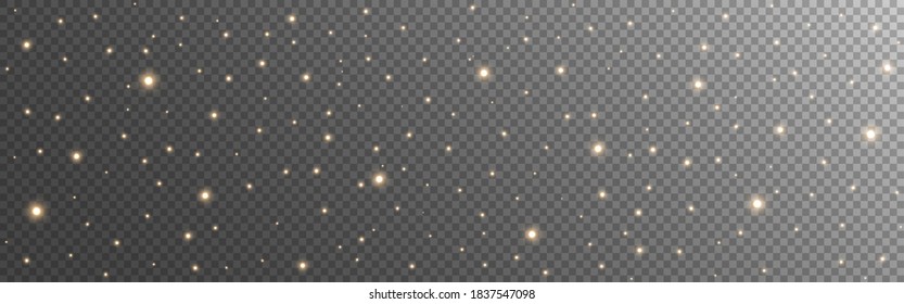 Golden sparkles template. Luxury dust with light effect. Bright glowing confetti on transparent backdrop. Christmas magic lights and glittering elements. Vector illustration.