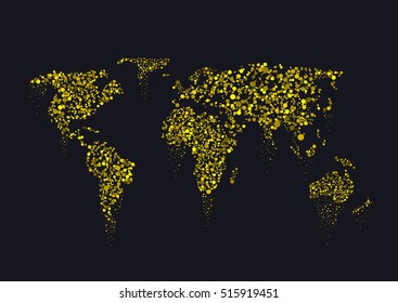 Golden sparkles World map. Abstract earth illustration