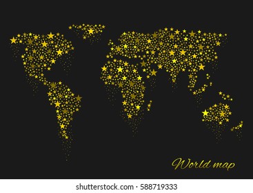 Golden sparkles world map. Abstract earth illustration