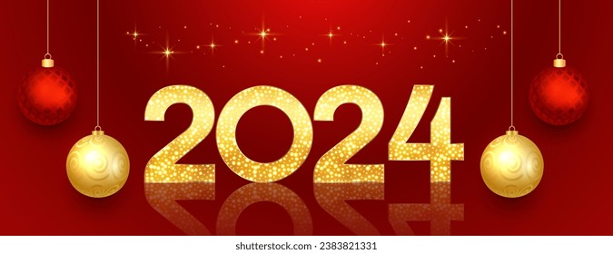 golden sparkling 2024 text new year eve banner with xmas bauble vector