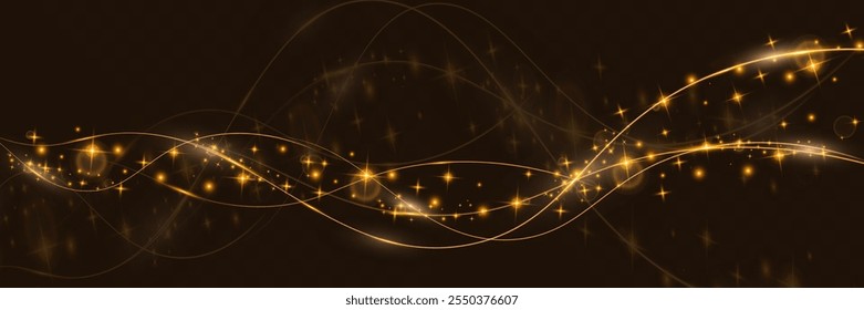 Golden sparkling abstract waves with glowing light particles on a dark background. Magic and festive design elements.