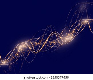 
Golden sparkling abstract waves with glowing light particles on a dark background. Magic and festive design elements.