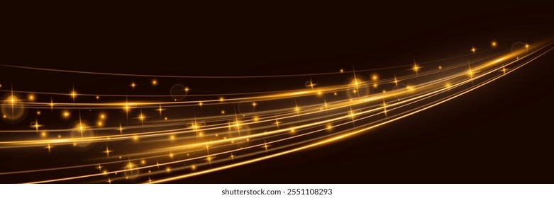 Golden sparkling abstract waves with glowing light particles on a dark background. Magic and festive design elements.	