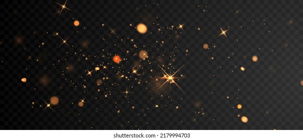 golden sparkling background design with light effect The gold dust and stars shine on a transparent background that can be separated.