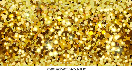 Golden sparkling background of shining particles and stars. Shiny and shimmery texture. Seamless pattern.