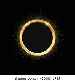 Golden Sparkling Circle Frame – 3D Vector Gold Ring with Glitter on Black Background for Medal, Badge, or Luxury Label Design