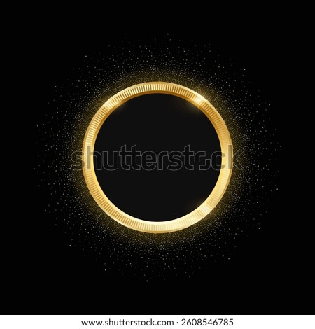 Golden Sparkling Circle Frame – 3D Vector Gold Ring with Glitter on Black Background for Medal, Badge, or Luxury Label Design