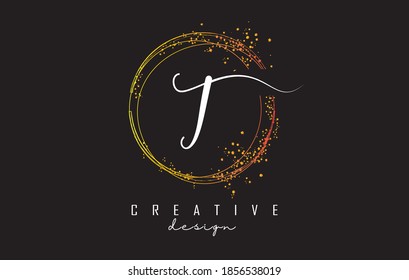 Golden sparkling circles and glitter frame for handwriting T letter logo. Shiny rounded vector illustration with T letter.

