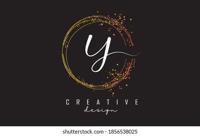 Golden sparkling circles and glitter frame for handwriting Y letter logo. Shiny rounded vector illustration with Y letter.
